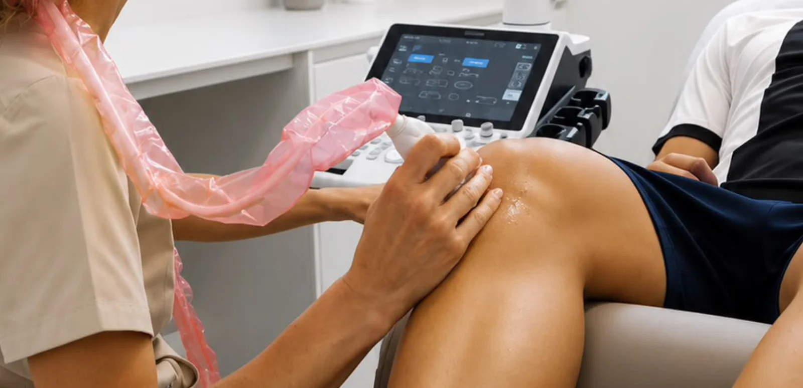 Fisioterapeuta haciendo una ecografía de rodilla en la clínica Ímpetu de Pamplona